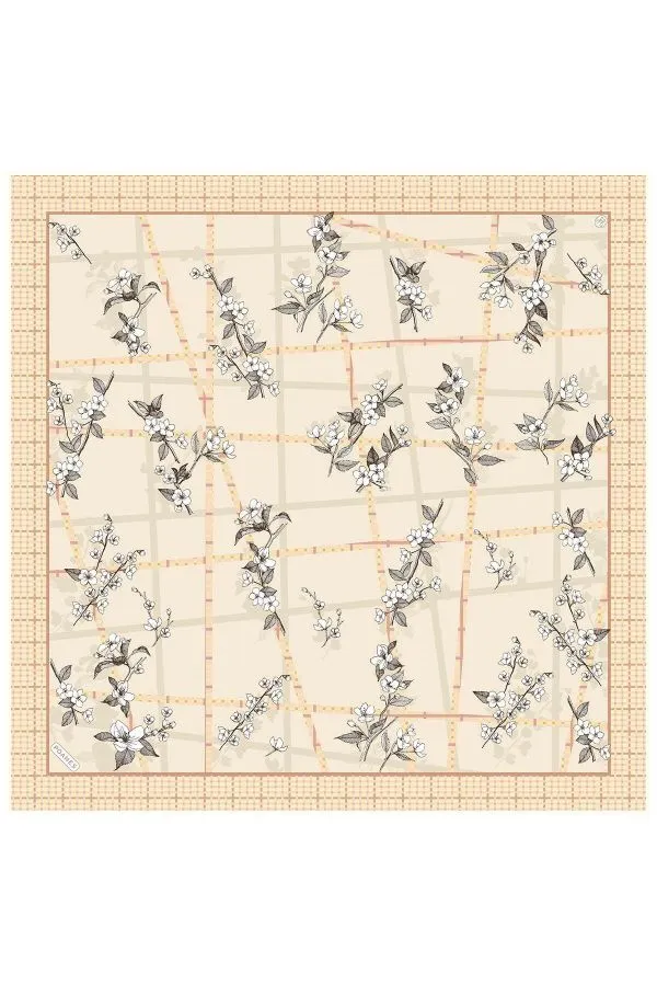 Poanes Bahar Dalı Desenli Twill İpek Eşarp